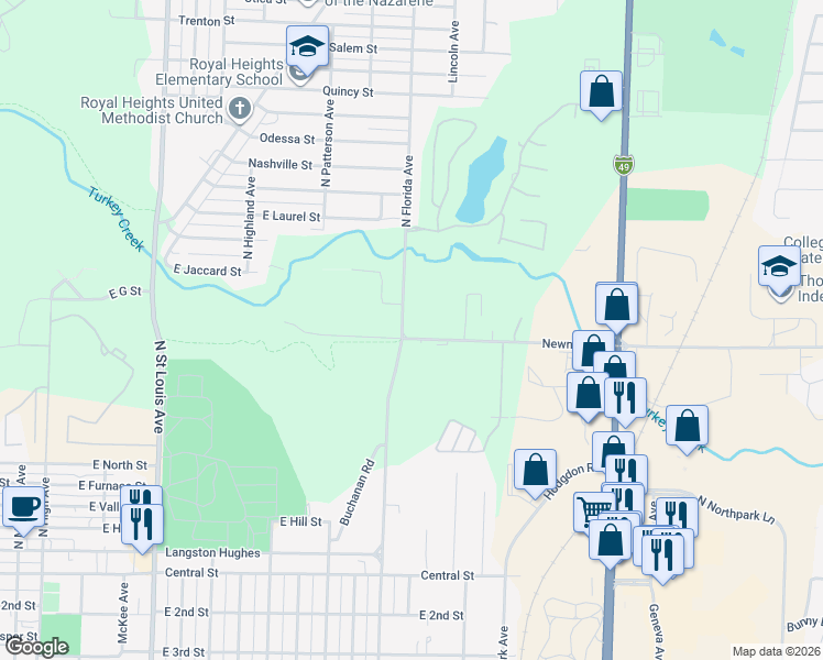map of restaurants, bars, coffee shops, grocery stores, and more near 901 North Florida Avenue in Joplin