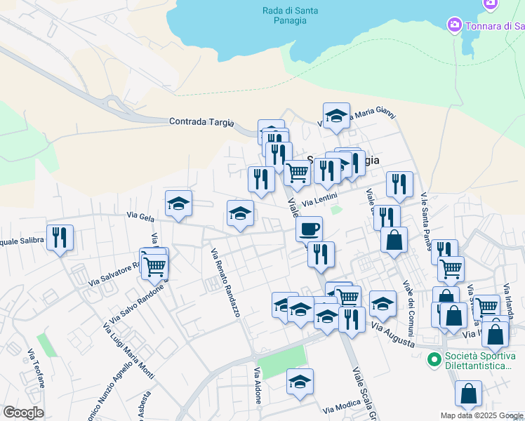 map of restaurants, bars, coffee shops, grocery stores, and more near Via Avola in Syracuse