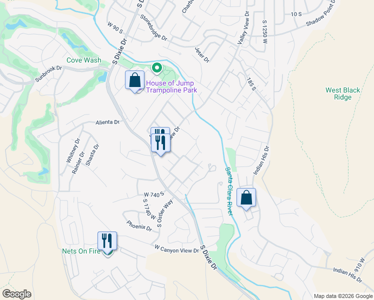 map of restaurants, bars, coffee shops, grocery stores, and more near 545 South Valley View Drive in St. George
