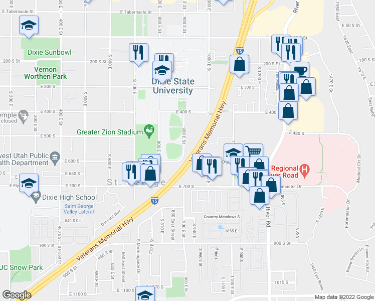 map of restaurants, bars, coffee shops, grocery stores, and more near 624 1000 East Street in St. George