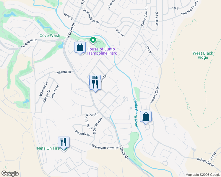 map of restaurants, bars, coffee shops, grocery stores, and more near 545 South Valley View Drive in St. George