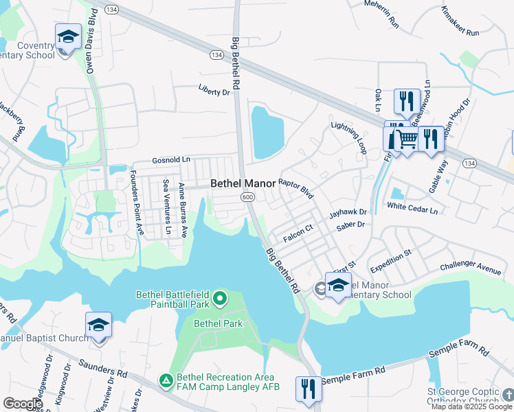 map of restaurants, bars, coffee shops, grocery stores, and more near 2604 Big Bethel Road in Yorktown