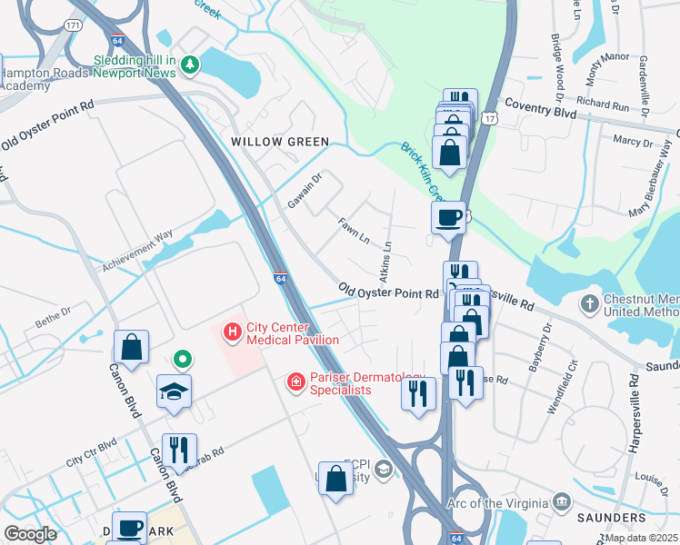 map of restaurants, bars, coffee shops, grocery stores, and more near 1 Guenevere Court in Newport News