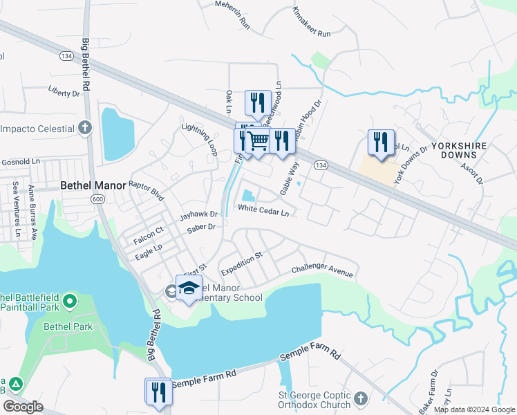 map of restaurants, bars, coffee shops, grocery stores, and more near 125 White Cedar Lane in Yorktown