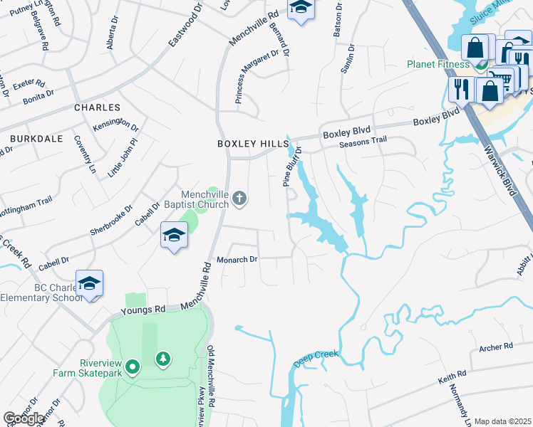 map of restaurants, bars, coffee shops, grocery stores, and more near 226 Hensley Drive in Newport News