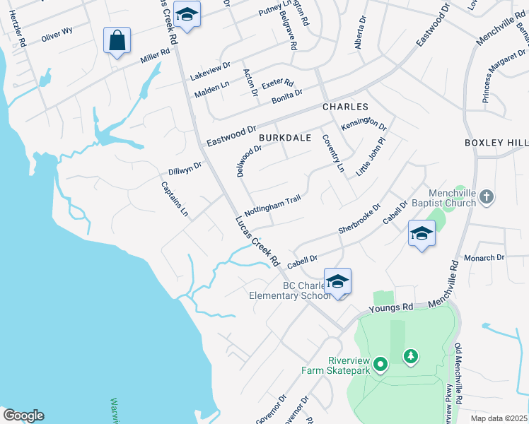 map of restaurants, bars, coffee shops, grocery stores, and more near 110 Nottingham Trail in Newport News