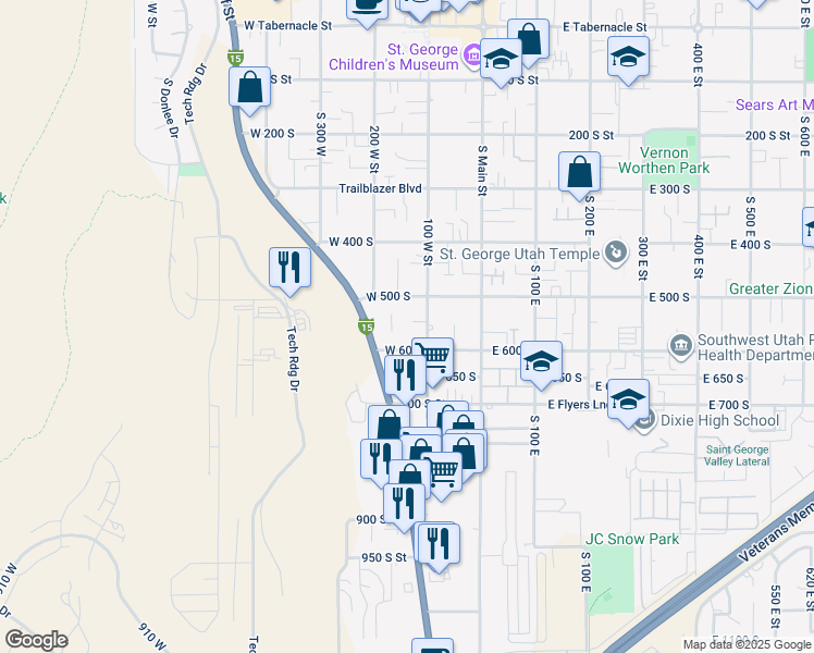 map of restaurants, bars, coffee shops, grocery stores, and more near 544 South 100 West Street in St. George