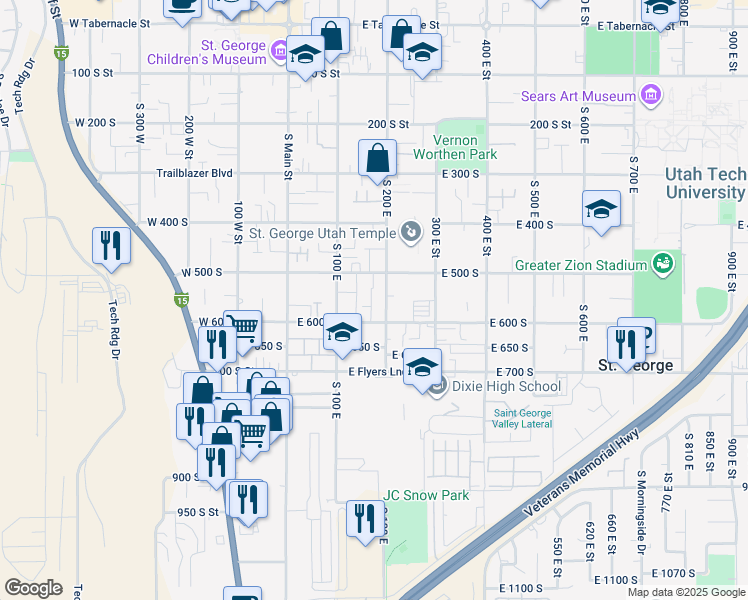 map of restaurants, bars, coffee shops, grocery stores, and more near 550 South 200 East in St. George