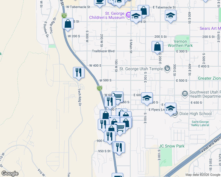 map of restaurants, bars, coffee shops, grocery stores, and more near 544 South 100 West Street in St. George