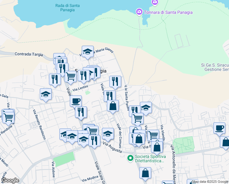 map of restaurants, bars, coffee shops, grocery stores, and more near 8 Via Portopalo in Siracusa
