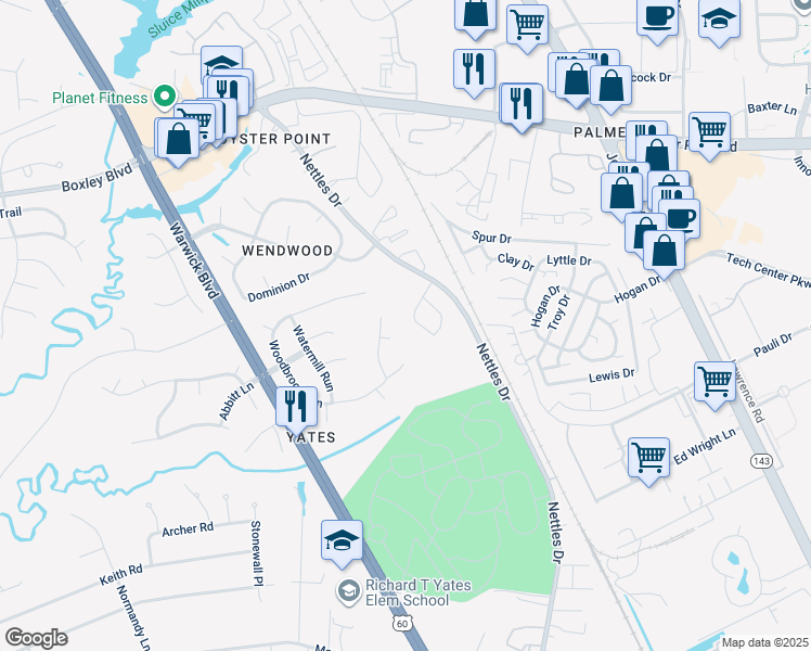 map of restaurants, bars, coffee shops, grocery stores, and more near 12 Claiborne Place in Newport News