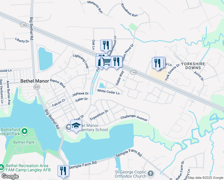 map of restaurants, bars, coffee shops, grocery stores, and more near 145 White Cedar Lane in Yorktown