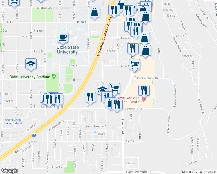 map of restaurants, bars, coffee shops, grocery stores, and more near 525 South 1100 East in St. George