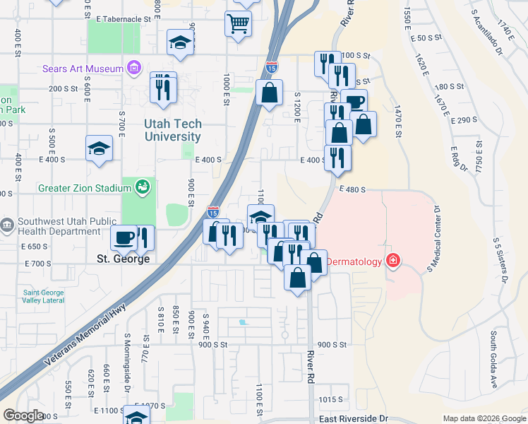 map of restaurants, bars, coffee shops, grocery stores, and more near 1086 East 500 South in St. George
