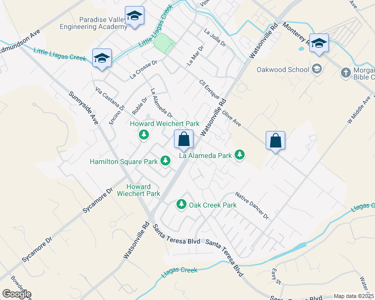 map of restaurants, bars, coffee shops, grocery stores, and more near 15215 La Alameda Drive in Morgan Hill