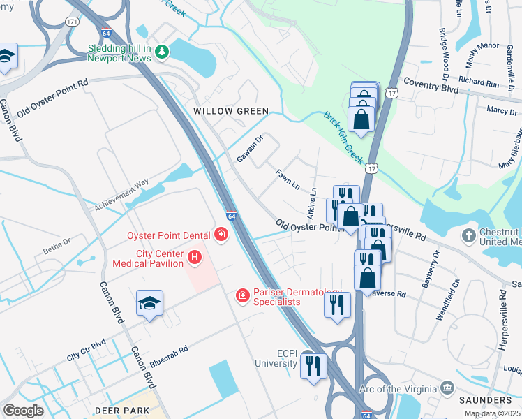 map of restaurants, bars, coffee shops, grocery stores, and more near 109 Stag Terrace in Newport News