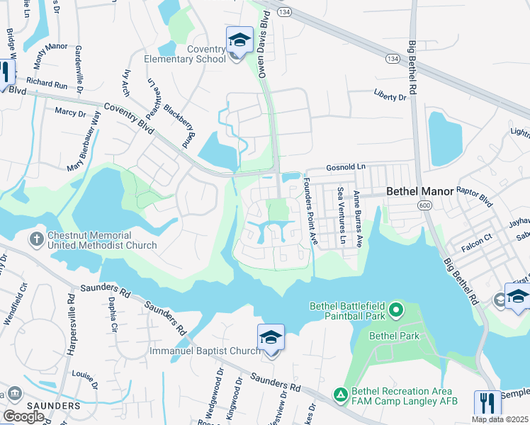 map of restaurants, bars, coffee shops, grocery stores, and more near 205 Kingston Court in Yorktown