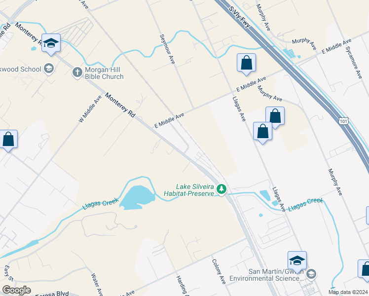 map of restaurants, bars, coffee shops, grocery stores, and more near 14430 Monterey Road in San Martin