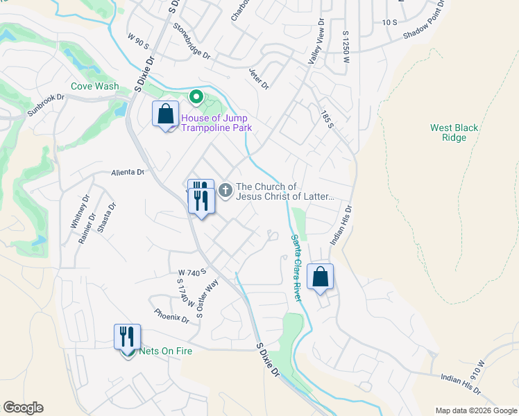 map of restaurants, bars, coffee shops, grocery stores, and more near 1548 West Woods View Lane in St. George