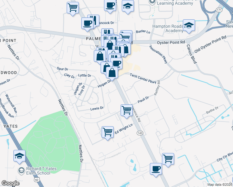 map of restaurants, bars, coffee shops, grocery stores, and more near 12023 Jefferson Avenue in Newport News