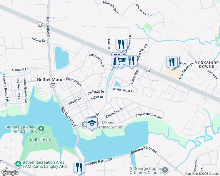map of restaurants, bars, coffee shops, grocery stores, and more near 103 Buttonwood Lane in Yorktown