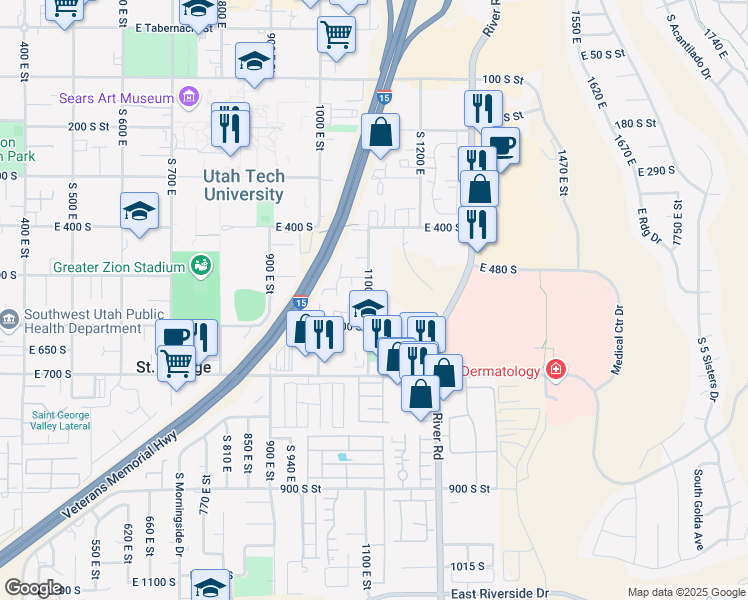 map of restaurants, bars, coffee shops, grocery stores, and more near 1086 East 500 South in St. George