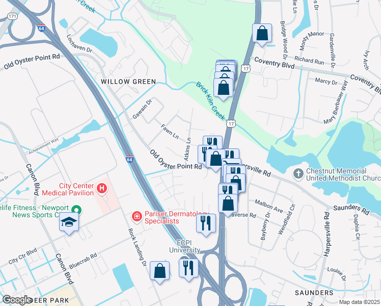 map of restaurants, bars, coffee shops, grocery stores, and more near 4 Atkins Lane in Newport News