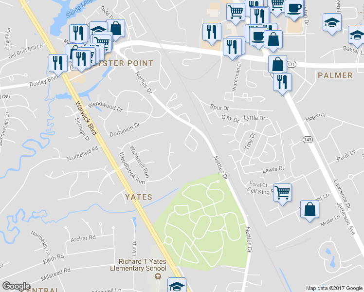 map of restaurants, bars, coffee shops, grocery stores, and more near 12 Claiborne Place in Newport News