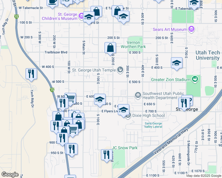 map of restaurants, bars, coffee shops, grocery stores, and more near 550 South 200 East in St. George