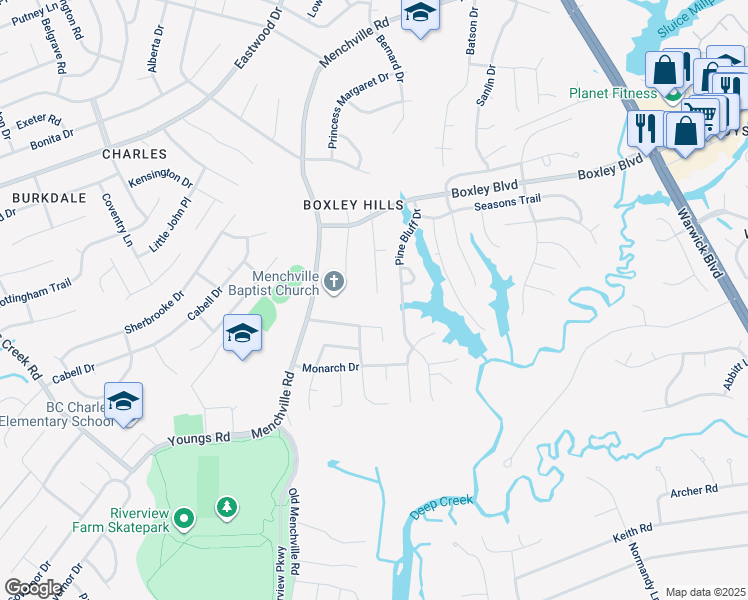 map of restaurants, bars, coffee shops, grocery stores, and more near 226 Hensley Drive in Newport News