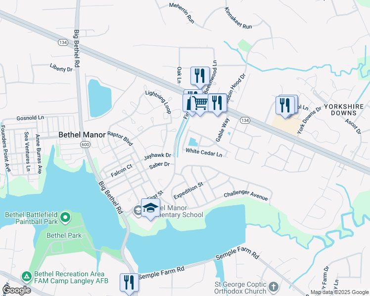 map of restaurants, bars, coffee shops, grocery stores, and more near 101 White Cedar Lane in Yorktown