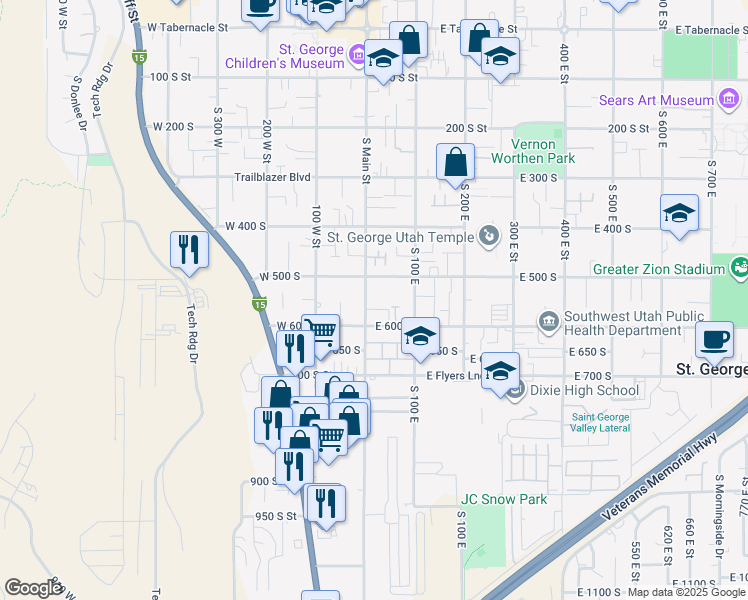 map of restaurants, bars, coffee shops, grocery stores, and more near 8 East 500 South in St. George
