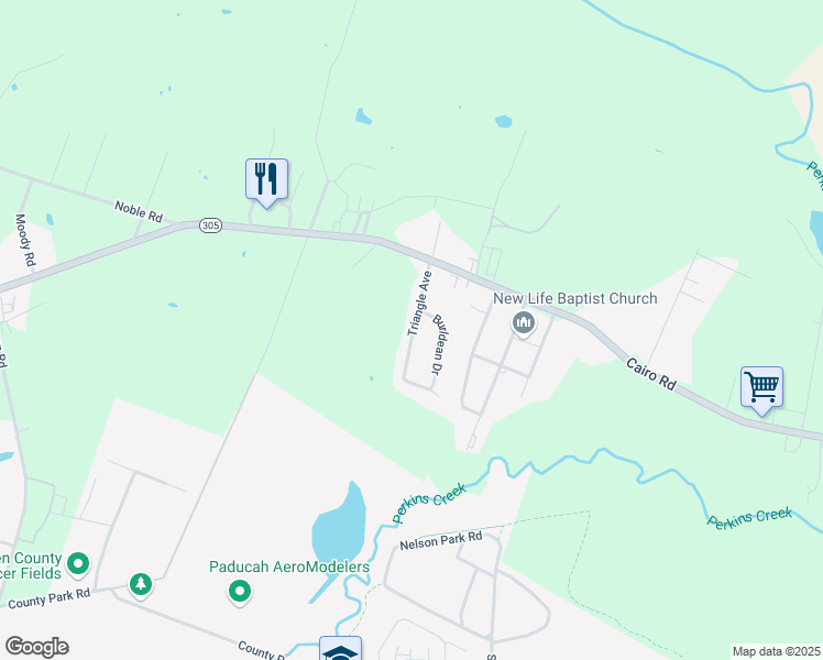 map of restaurants, bars, coffee shops, grocery stores, and more near 220 Triangle Avenue in Paducah