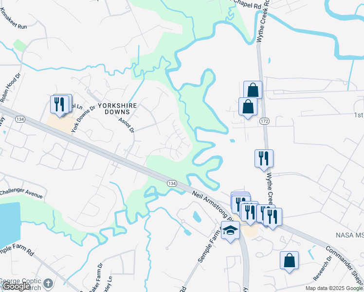 map of restaurants, bars, coffee shops, grocery stores, and more near 408 Tabb Smith Trail in Yorktown