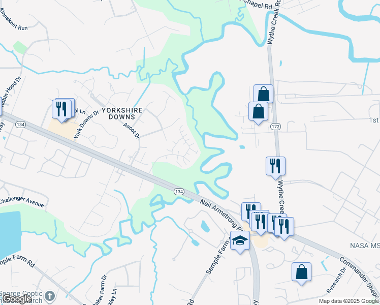 map of restaurants, bars, coffee shops, grocery stores, and more near 408 Tabb Smith Trail in Yorktown