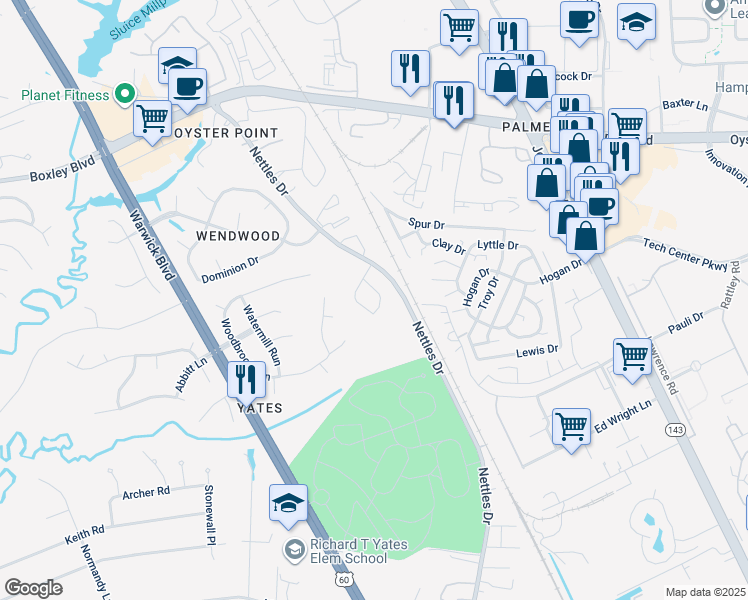 map of restaurants, bars, coffee shops, grocery stores, and more near 29 Claiborne Place in Newport News