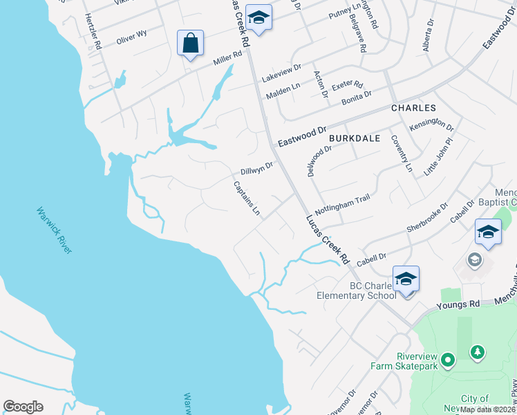 map of restaurants, bars, coffee shops, grocery stores, and more near 8 Holloway Road in Newport News