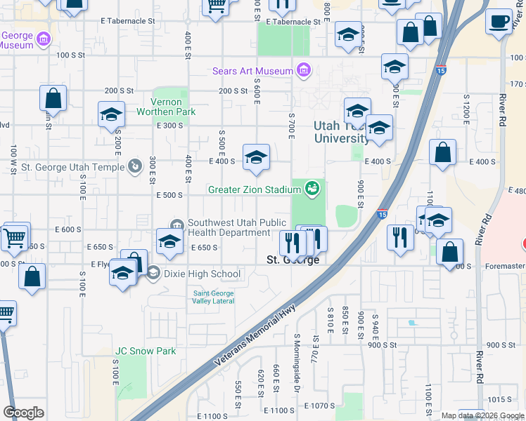 map of restaurants, bars, coffee shops, grocery stores, and more near 543 South 600 East in St. George