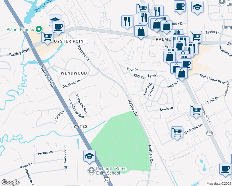 map of restaurants, bars, coffee shops, grocery stores, and more near 29 Claiborne Place in Newport News
