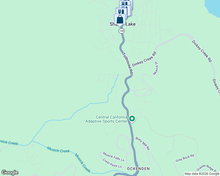 map of restaurants, bars, coffee shops, grocery stores, and more near 41442 Indian Rock Road in Shaver Lake