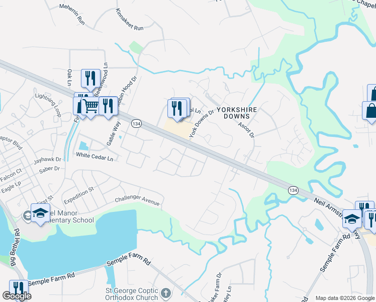 map of restaurants, bars, coffee shops, grocery stores, and more near 100 Indian Summer Drive in Yorktown