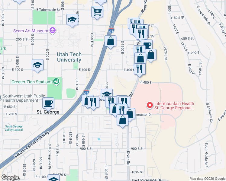 map of restaurants, bars, coffee shops, grocery stores, and more near 525 South 1100 East in St. George