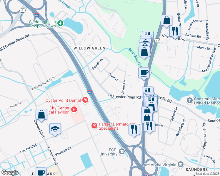 map of restaurants, bars, coffee shops, grocery stores, and more near 14 Excalibur Place in Newport News