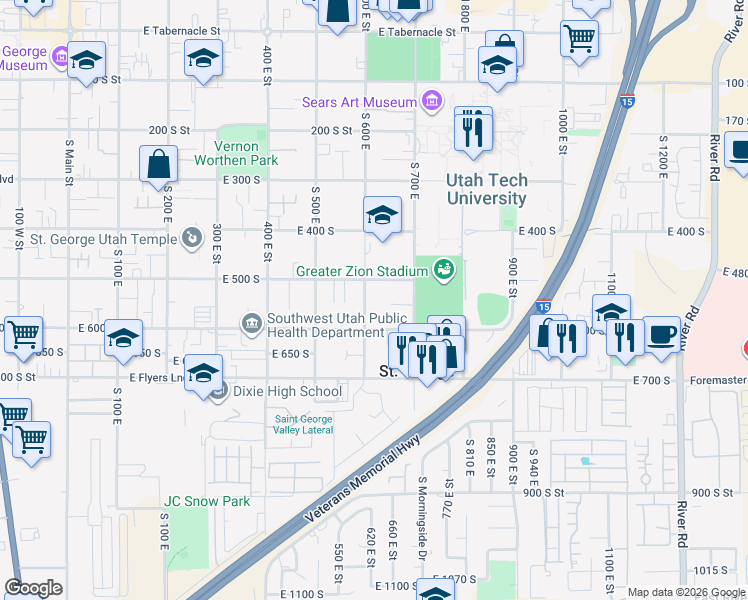 map of restaurants, bars, coffee shops, grocery stores, and more near 543 South 600 East in St. George