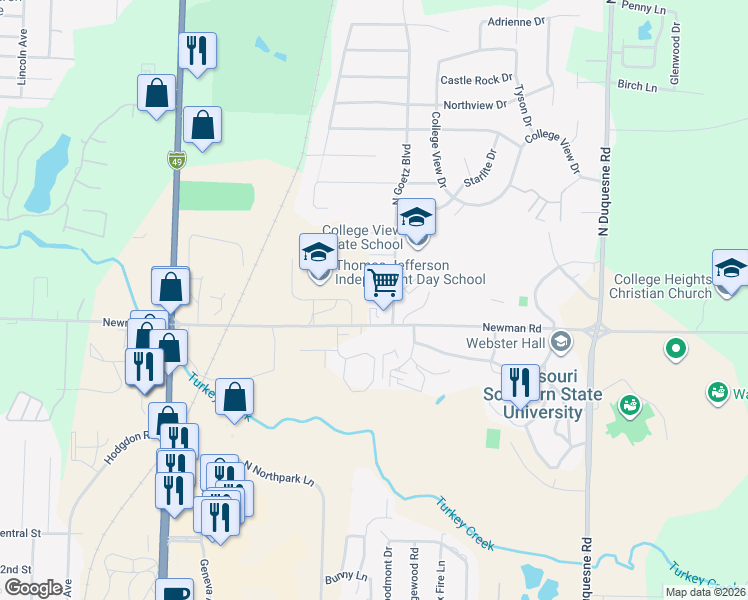map of restaurants, bars, coffee shops, grocery stores, and more near 924 Goetz Blvd in Joplin