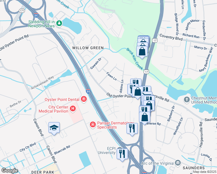 map of restaurants, bars, coffee shops, grocery stores, and more near 14 Excalibur Place in Newport News