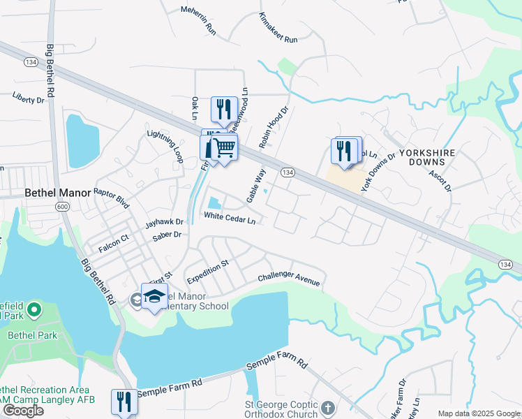 map of restaurants, bars, coffee shops, grocery stores, and more near 113 Locust Lane in Yorktown