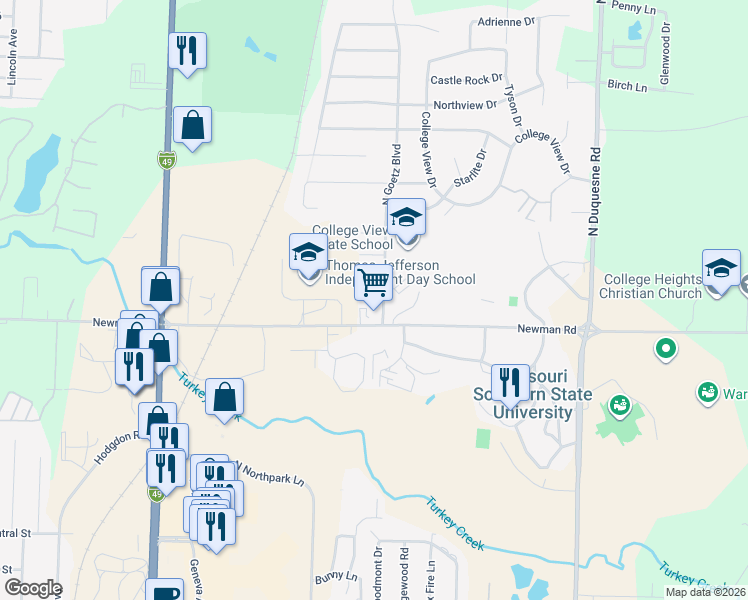 map of restaurants, bars, coffee shops, grocery stores, and more near 930 North Goetz Boulevard in Joplin