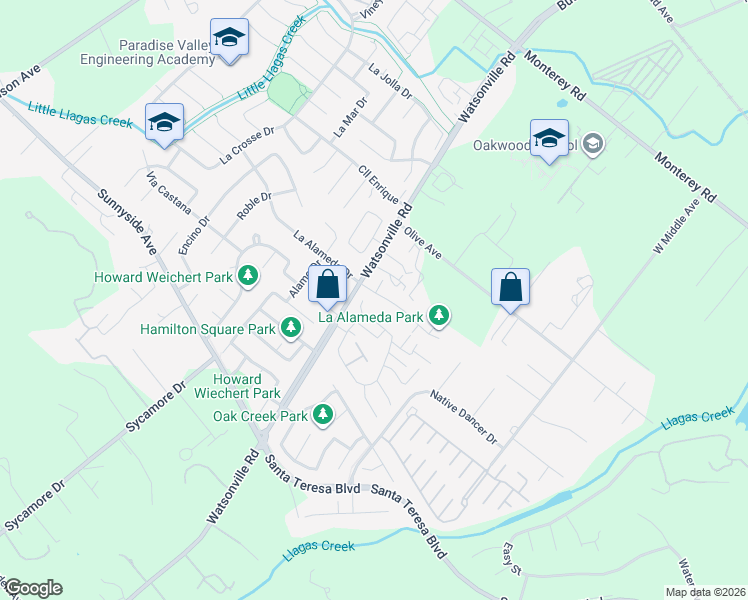 map of restaurants, bars, coffee shops, grocery stores, and more near 15175 La Alameda Drive in Morgan Hill