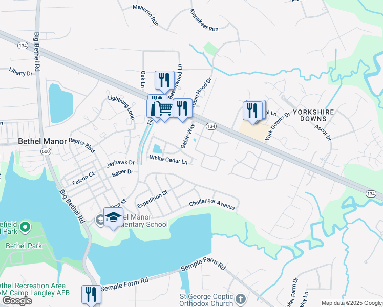 map of restaurants, bars, coffee shops, grocery stores, and more near 113 Locust Lane in Yorktown